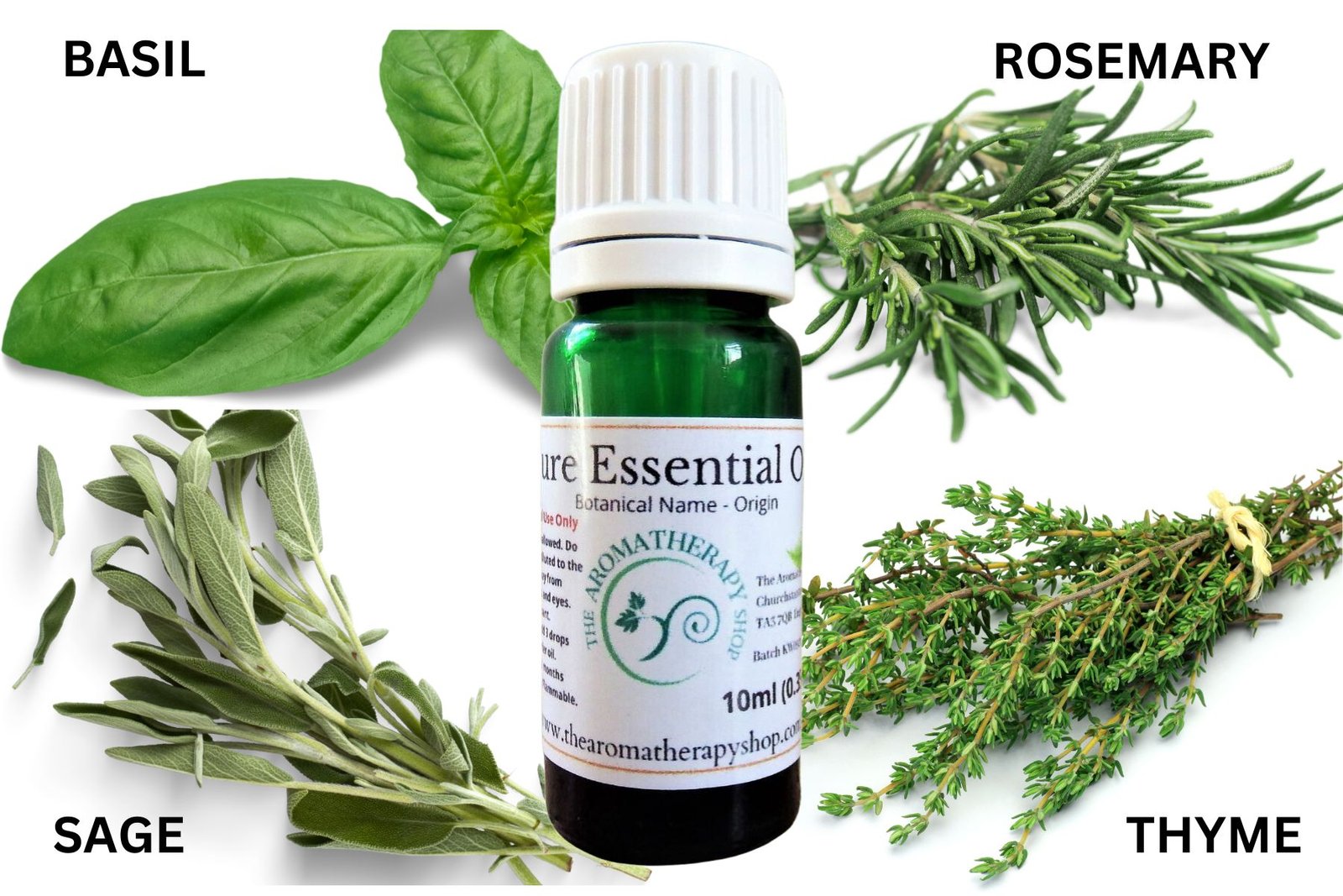 Herb Pure Essential Oil Collection (4 x 10ml Pure Essential Oils) - Basil, Sage, Rosemary & Thyme